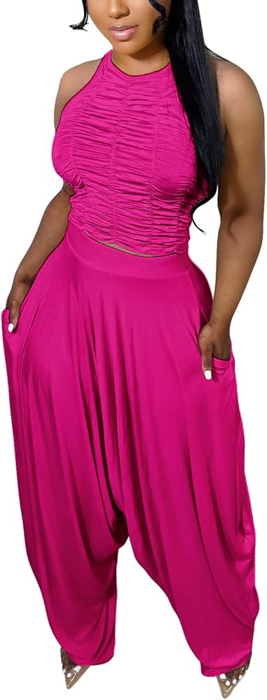 WOKANSE Womens 2 Piece Outfits Solid Sleeveless Halter Ruched Back Hollow Crop Top Loose Harem Pants Set with Pockets