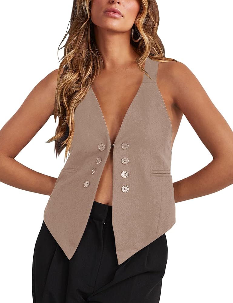 Floral Find Women's Casual Versatile Button Up Sleeveless Vest Sexy V Neck Jacket Waistcoat