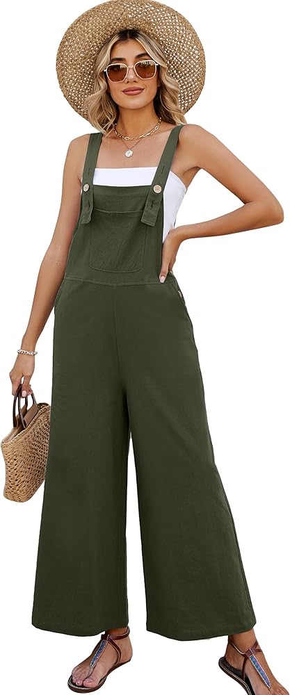 PEHMEA Women's Casual Cotton Wide Leg Overalls Sleeveless Baggy Rompers Loose Fit Jumpsuits(ArmyGreen-XXL)