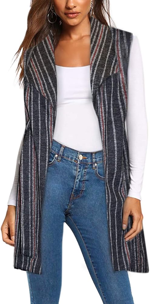 Hybrid & Company Women's Vest Jacket Plaid Cardigan Blazer with self Fabric Belt