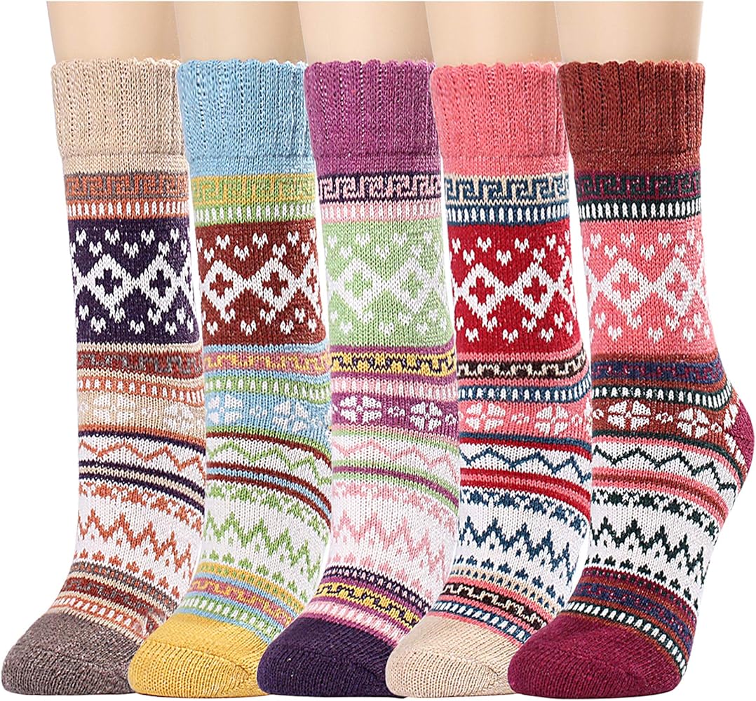 Double Couple 5 Pairs Women Socks Winter Warm Knit Wool Socks Vintage Casual Cozy Crew Socks Comfy Boot Socks Assorted Color