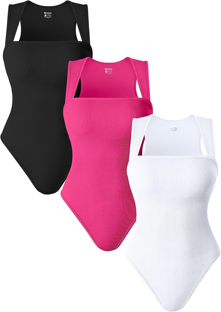 OQQ 3 Piece Bodysuits For Women Sexy Ribbed Strappy Square Neck Stretch Tank Tops Bodysuits