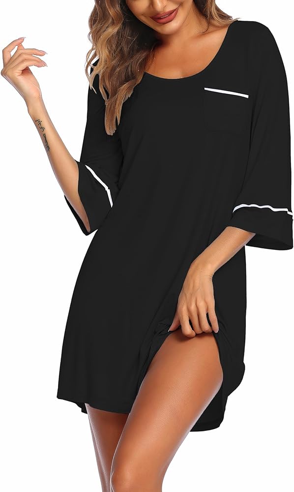 Ekouaer Women Nightgown Night Dress 3/4 Sleeve Night Shirt Round Neck Sleepshirt with Chest Pocket