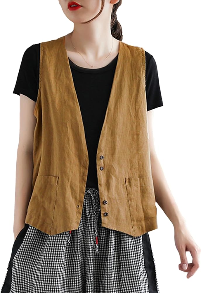 Bozanly Women's Sleeveless Button Down Vest Casual V Neck Cotton Linen Blazer Jacket with Pockets