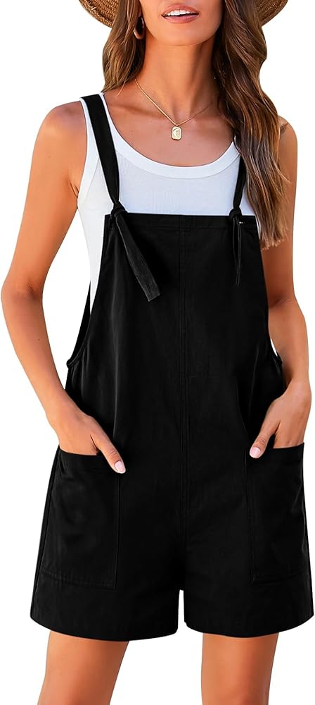 CFLONGE Overalls for Women Summer 2024 Dressy Casual Womens Romper Sleeveless Spring Tie Strap Cotton Jumpsuits with Pockets