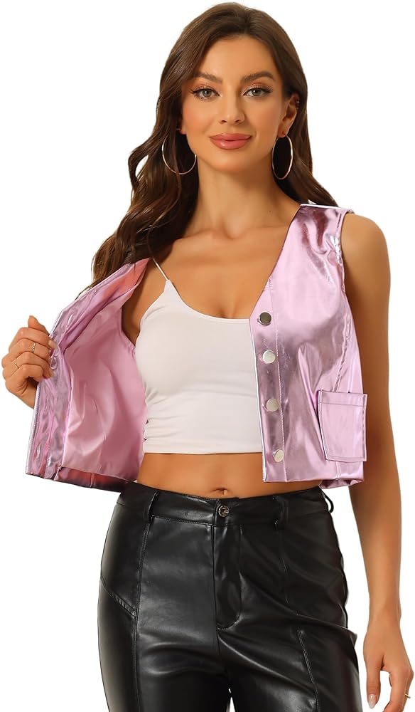 Allegra K Women's Crop Jacket Button Sleeveless Holographic Metallic Vest