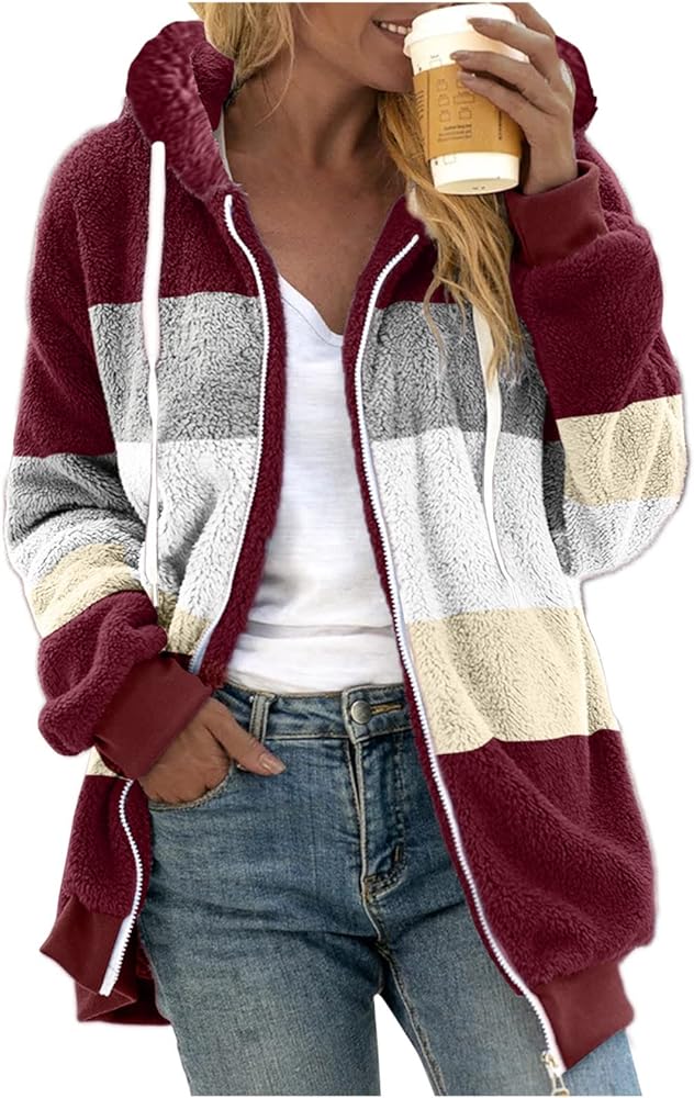 Women's Winter Fuzzy Fleece Jacket Color Block Zip Up Cardigan Coats Oversized Fluffy Sherpa Outerwear with Pockets