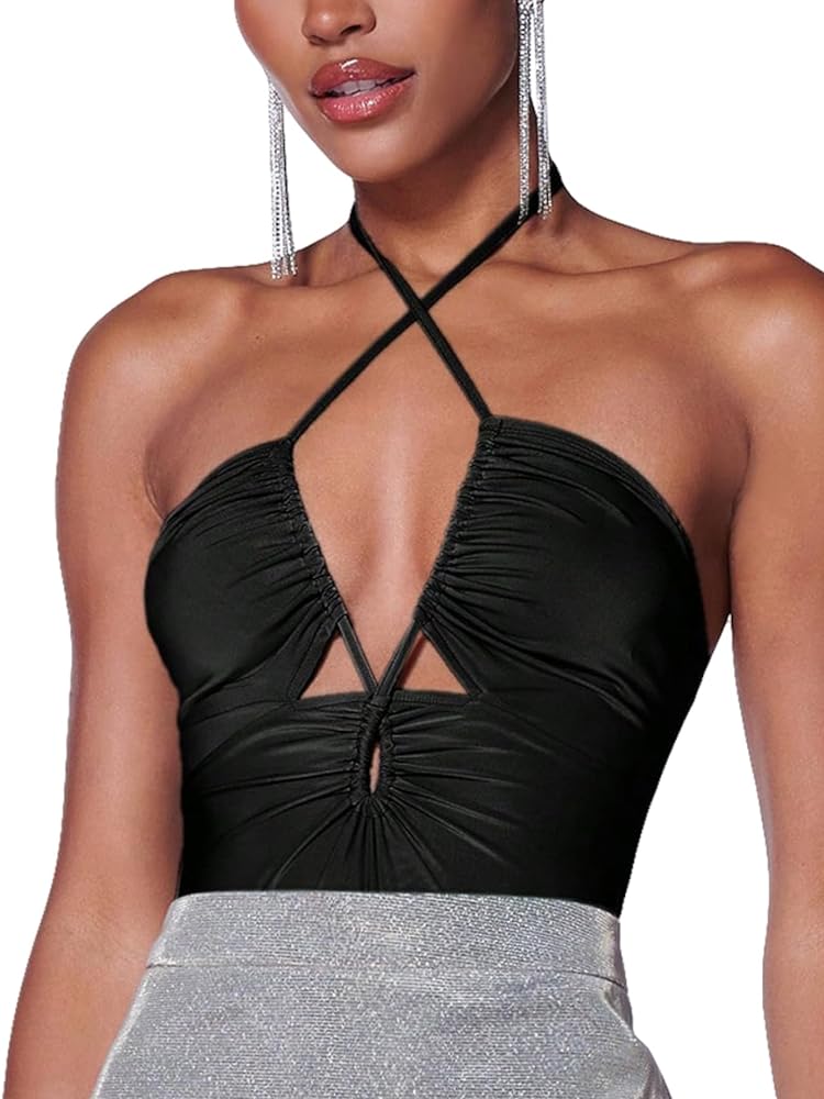 MakeMeChic Women's Ruched Criss Cross Halter Sleeveless Tie Back Cut Out Bodysuit Shirts Tops