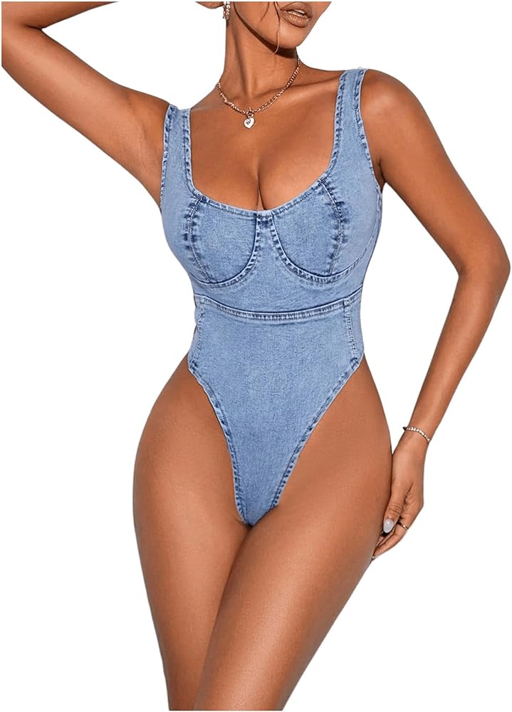 Women's Summer Skinny Tank Bodysuit Sleeveless Fitted Zipper One Piece Leotard Denim Tops