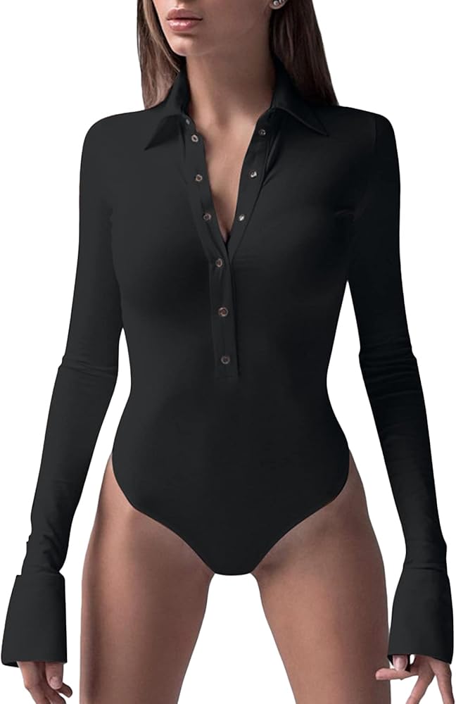 LYANER Women's Collar Neck Button Down Long Sleeve Slim Bodysuit Leotard Tops