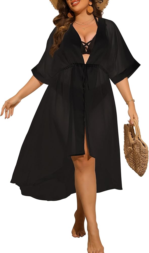 SWOMOG Women Cover Ups Plus Size Swimsuit Chiffon Kimono Long Cardigan Open Front Bathing Suit Summer Flowy Bikini Beachwear