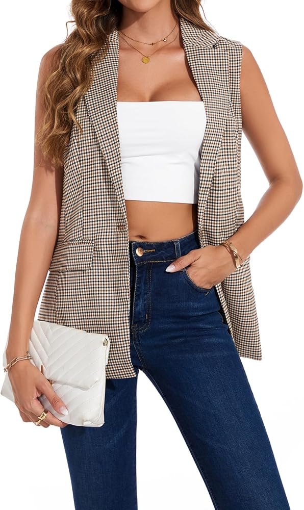 MINTLIMIT Womens Casual Vest Sleeveless Blazer Button Front Jacket Office Fully Lined Notched Lapel Long Blazers with Pockets