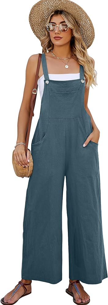 PEHMEA Women's Casual Overalls Cotton Wide Leg Jumpsuit Baggy Loose Rompers Bib Pants With Pockets