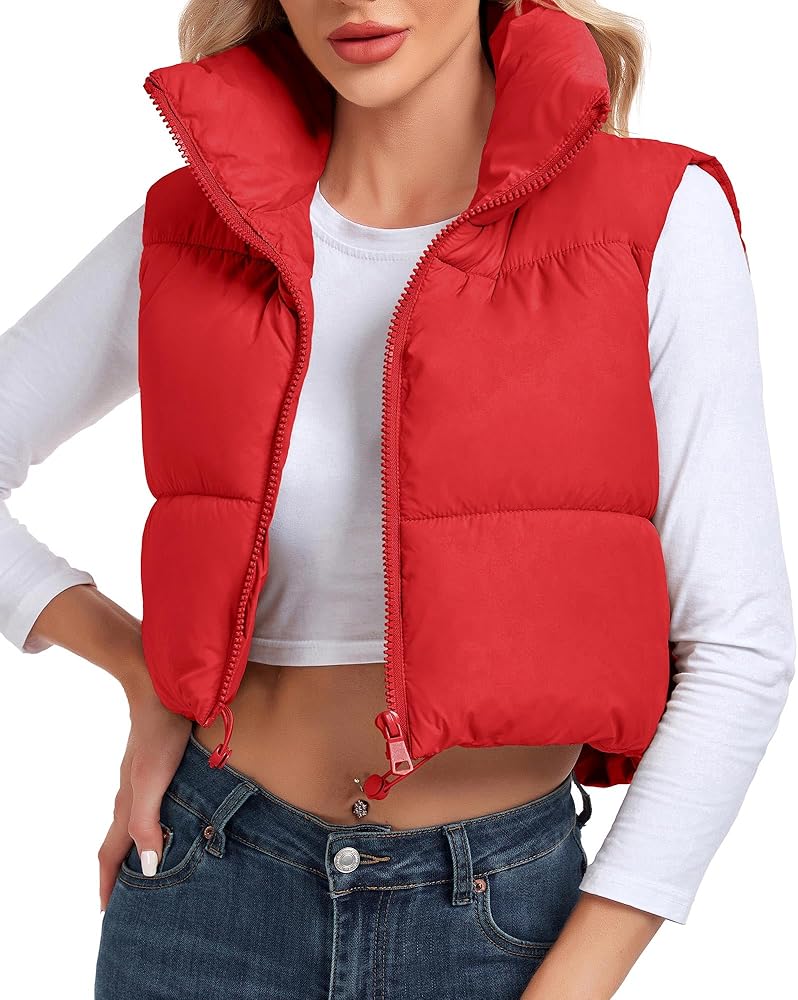 Women's Cropped Puffer Vest Sleeveless High Stand Collar Cute Outerwear Lightweight Zip Up Warm Padded Gilet