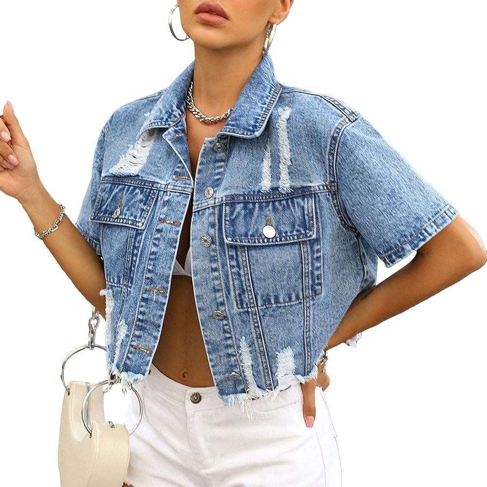 LifeShe Women Cropped Ripped Distressed Denim Jean Jacket Coat Fringe with Frayed Hem