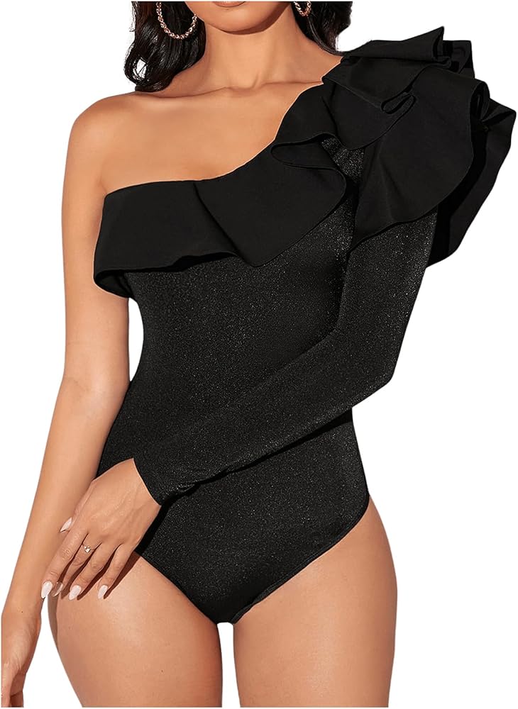 OYOANGLE Women's One Shoulder Ruffle Trim Long Sleeve Solid Slim Fit Leotard Bodysuit Tops