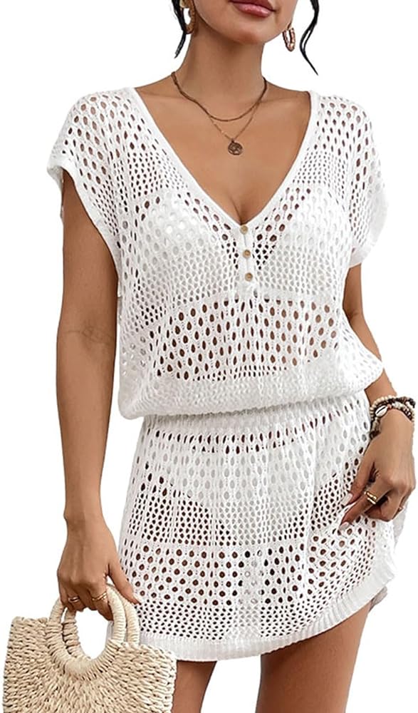 Bsubseach Stylish Crochet Swimsuit Coverup for Women V Neck Beach Dress Swimwear Beach Cover Ups Resort Wear