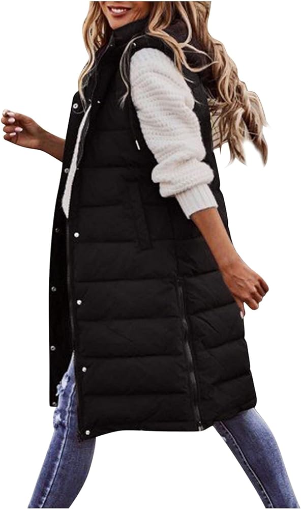 Women's Long Puffer Vest Plus Size Sleeveless Hooded Vest Winter Lightweight Full Zip Outdoor Puffer Vest Jacket Coat