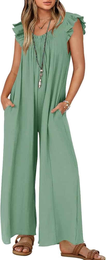 ZESICA Women's 2024 Summer Loose Jumpsuit Casual V Neck Sleeveless Oversized Wide Leg Pant Overalls Romper with Pockets