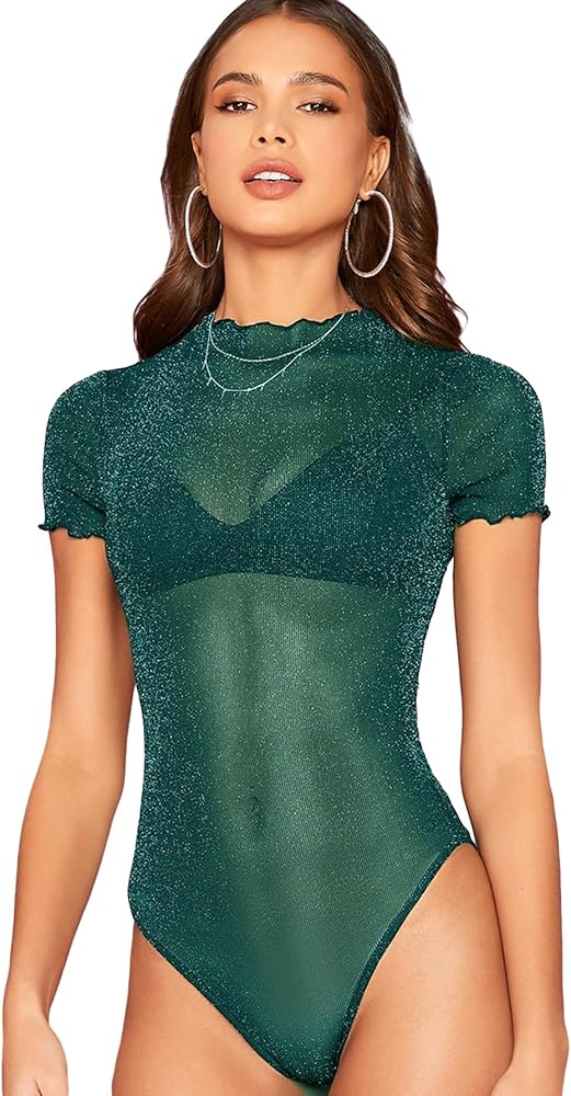 OYOANGLE Women's Glitter Sheer Mesh Short Sleeve Mock Neck Clubwear Party Bodysuit Top