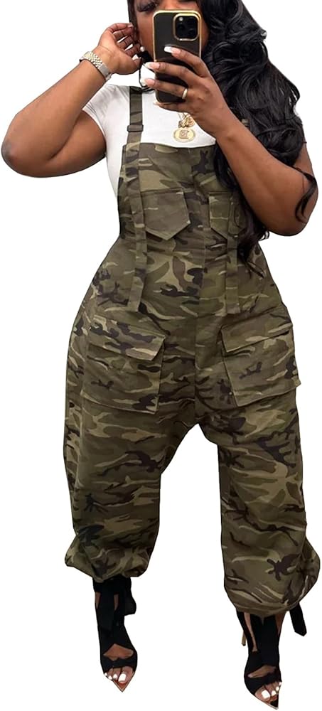 LETSVDO Women's Casual Camo Jumpsuit Cargo Demin Plus Size Camouflage Sleeveless Wide Leg Baggy Bib Jean Overalls Romper