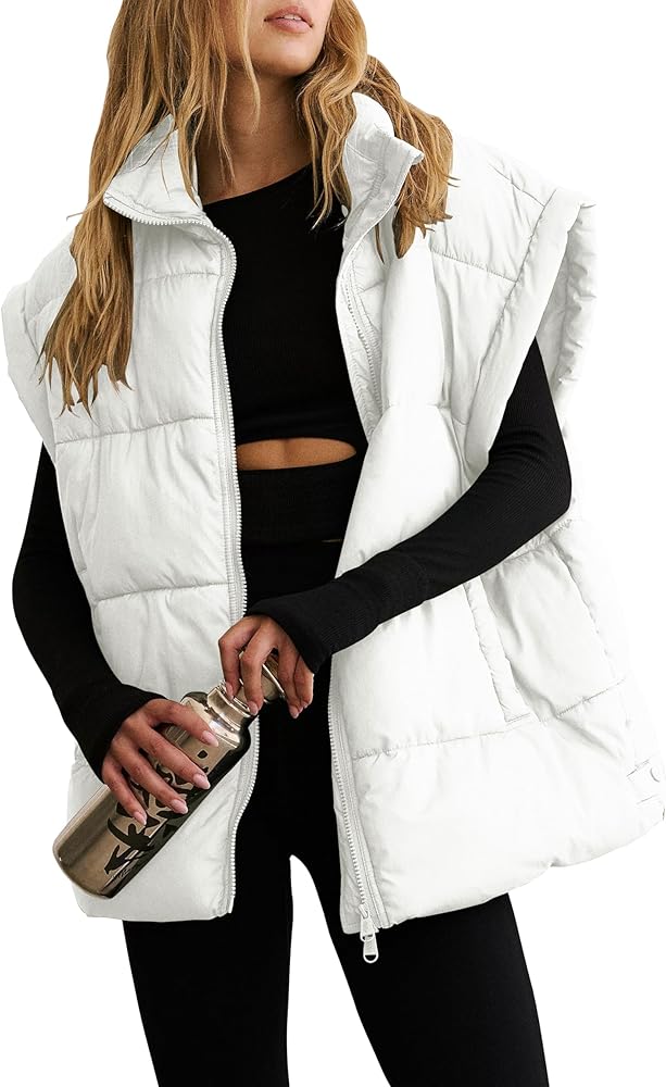 Women's Winter Crop Puffer Vest Lightweight Warm Flysleeve Stand Collar Padded Puffy Jackets Coats with Pockets