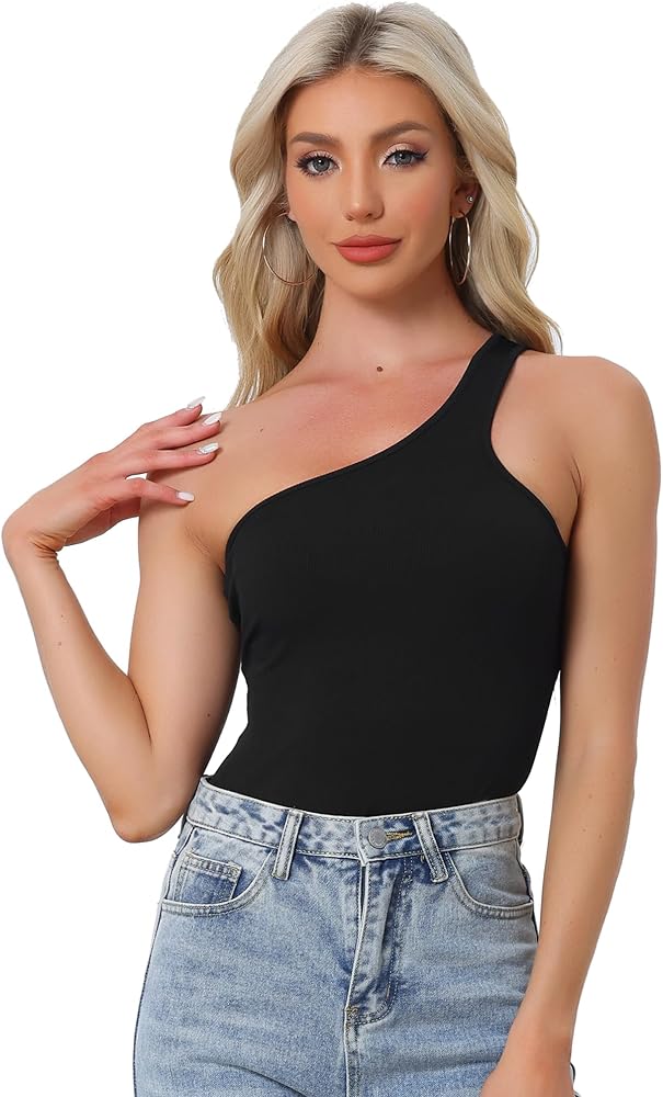 Allegra K One Shoulder Bodysuits for Women's Sleeveless Backless Slimming Thong Tank Top