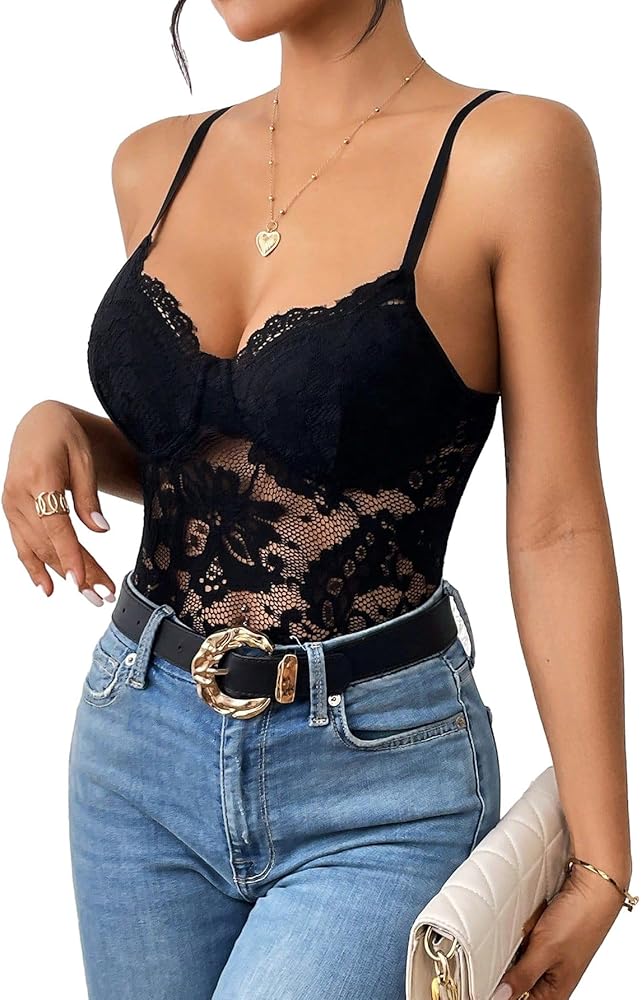 SHENHE Women's Floral Lace Spaghetti Strap Sheer Sexy Cami Bodysuit Sleeveless Top