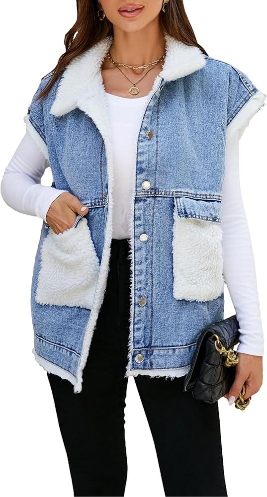 Womens Sherpa Fleece Lined Denim Vest Loose Sleeveless Wool Warm Jean Jacket Waistcoat Outwear Gilet with Pockets