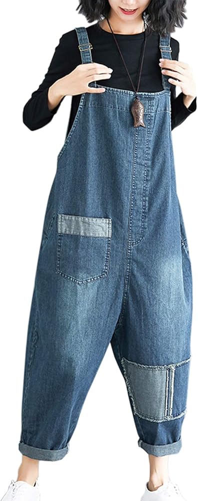 Flygo Women's Loose Baggy Denim Wide Leg Harem Pant Bib Overalls Jeans Jumpsuits (X-Large, Style 02 Blue)