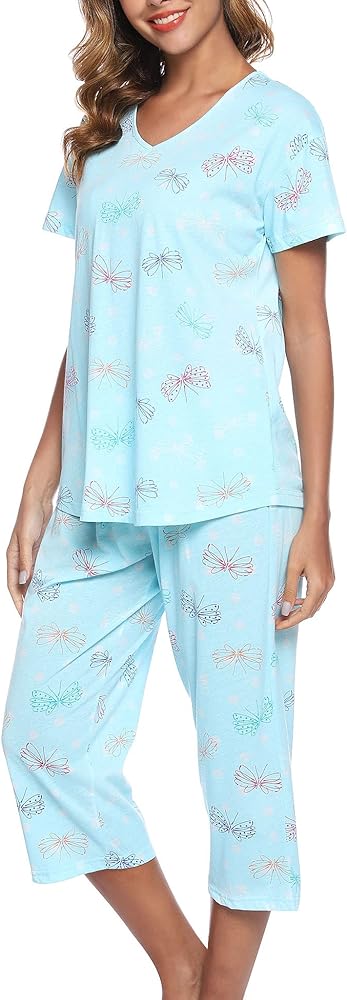 ENJOYNIGHT Womens Pajama Sets Cotton Pj Set Short Sleeve Top With Capri Pants Sleepwear 2 Piece Lounge Set