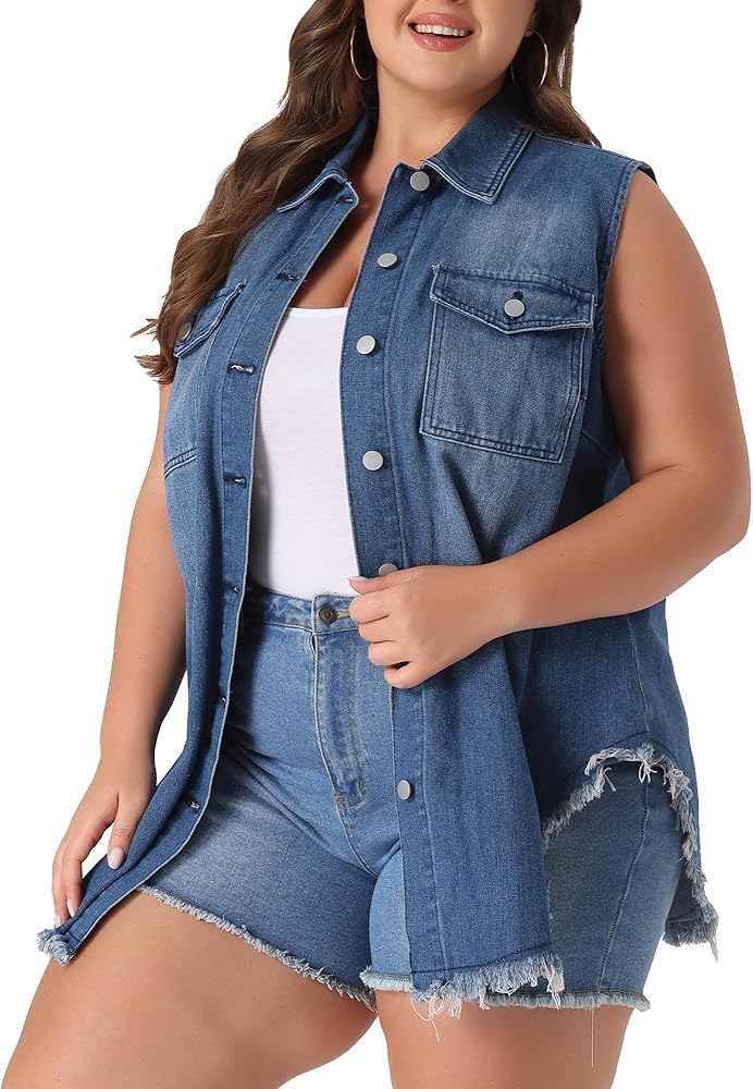 Agnes Orinda Women's Plus Size Button Up Frayed Hem Shacket Sleeveless Denim Jean Jacket Vest