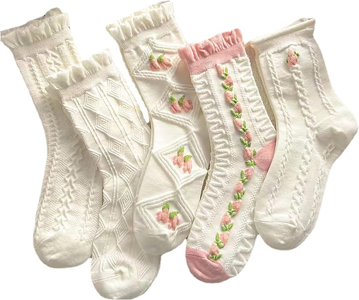 5 Pairs Pink and White Mid Socks Set for Women, Girls' Thin Knitted Breathable Mid Ankle Socks, Spring & Summer Floral Mid Crew Socks