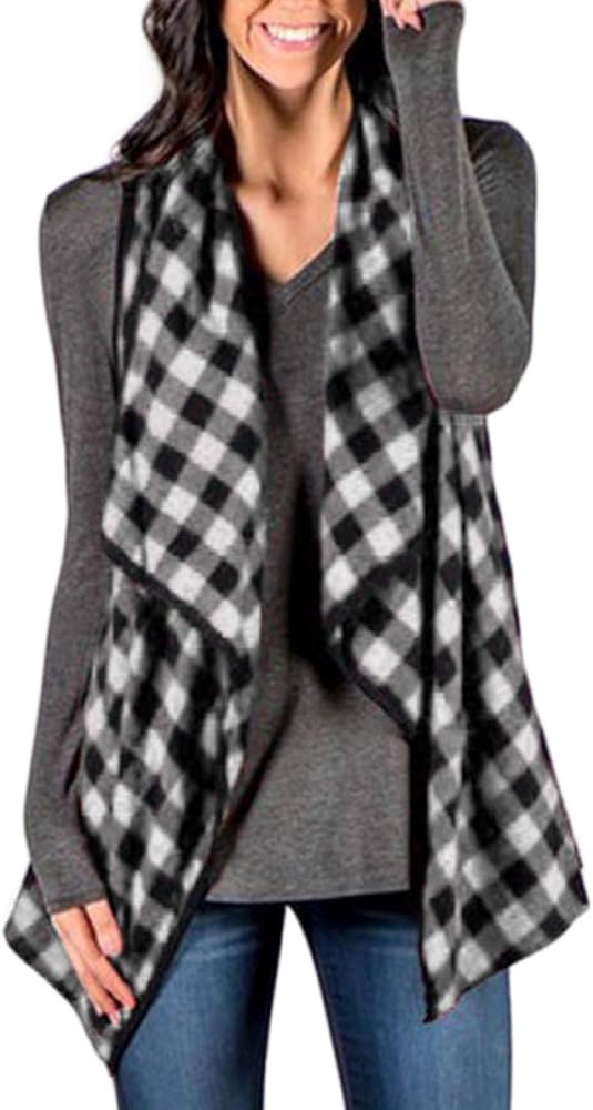 Women Plaid Draped Open Front Vest Jacket Sleeveless Shawl Gilet Cardigan Coat