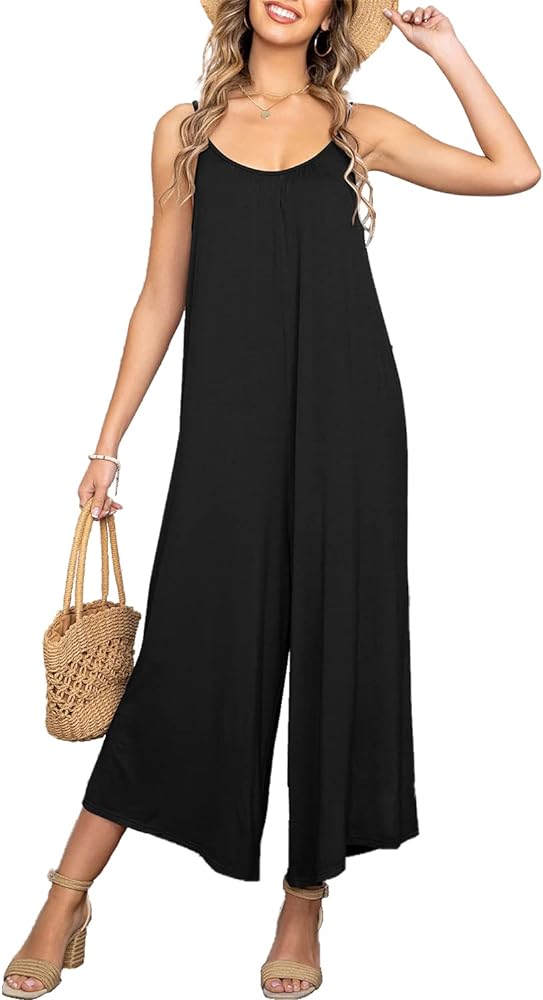 HVEPUO Womens Summer Black Jumpsuit for Women Spaghetti Strap Wide Leg Pant Rompers Casual One Piece Jumpers with Pockets