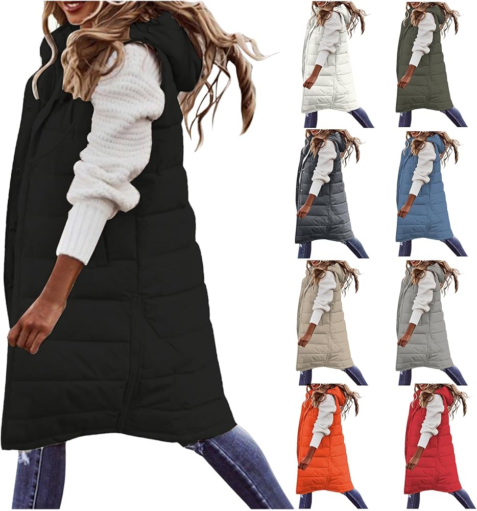 Puffer Vest Women Plus Size Winter Warm Slim Zipper Coats Sleeveless Hooded Jacket Outdoor Quilted Long Down Vest