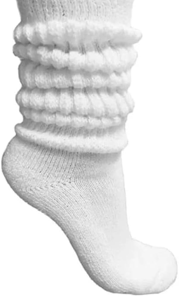 White Heavy XL Length Slouch Socks, 9-11, 12-15 Inch Ribbed Area, 20-25 Inch Total Length, One Size, 83% Cotton/7% Nylon/10% Spandex, Made in USA