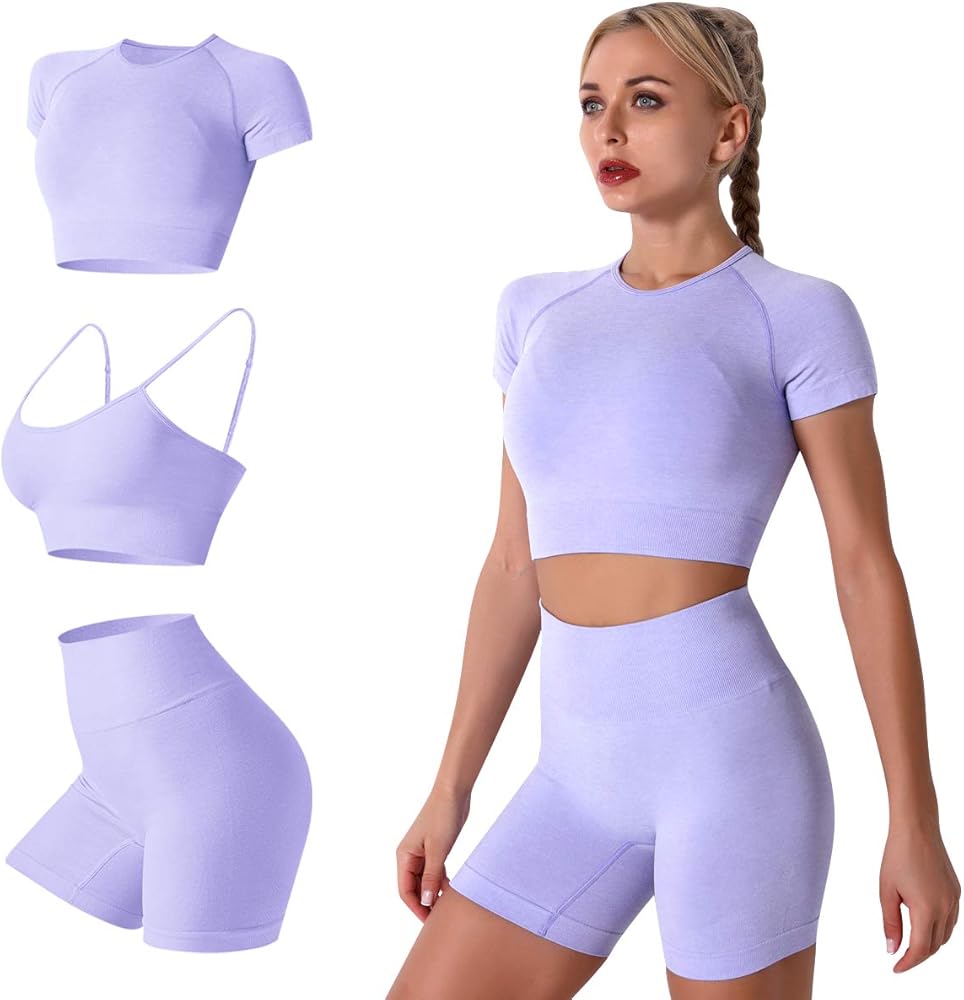 Women Seamless Yoga Outfits 3 Piece Workout Short Sleeve Crop Top Gym Sport Bra High Waisted Running Shorts Activewear