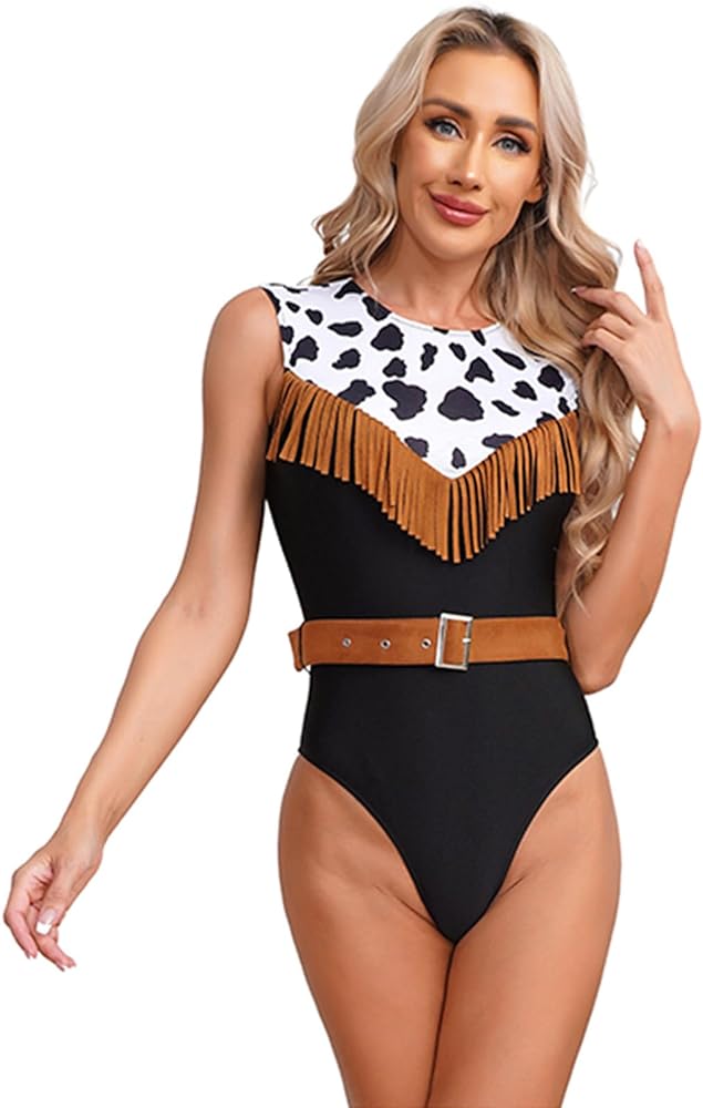 Womens Western Cowgirl Bodysuit Tops One Piece Sleeveless Fringed Cow Print Leotard Jumpsuit