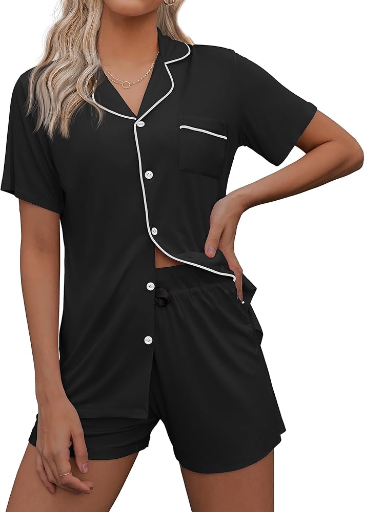 Ekouaer Pajamas Set for Women Short Sleeve Sleepwear Notch Collar Button Down Nightwear Soft Pjs Lounge Set