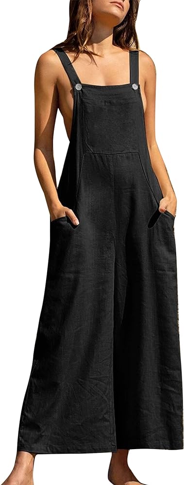 PEHMEA Women's Cotton Linen Loose Bib Overalls Baggy Wide Leg Jumpsuit With Pockets Long Pants Romper