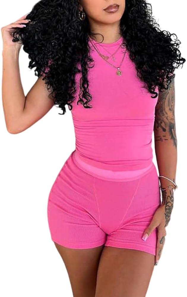 Women's Casual 2-piece Ribbed Short Sleeved T-shirt and High Waisted Shorts Set