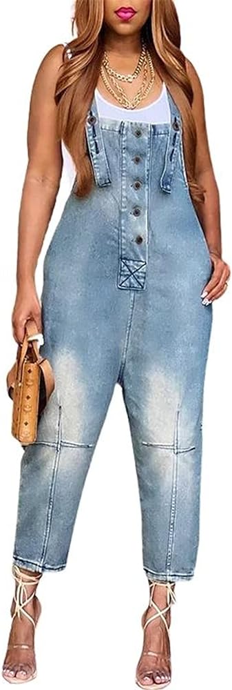 CHARTOU Women's Casual Loose Fit Jean Jumpsuit Overalls Crop Harem Denim Pants