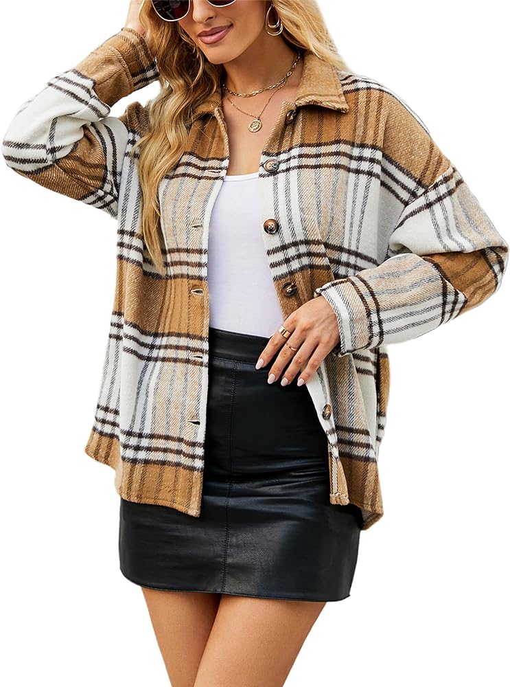 Yeokou Women's Fall Color Block Plaid Flannel Shacket Jacket Button Down Shirt Coat Tops