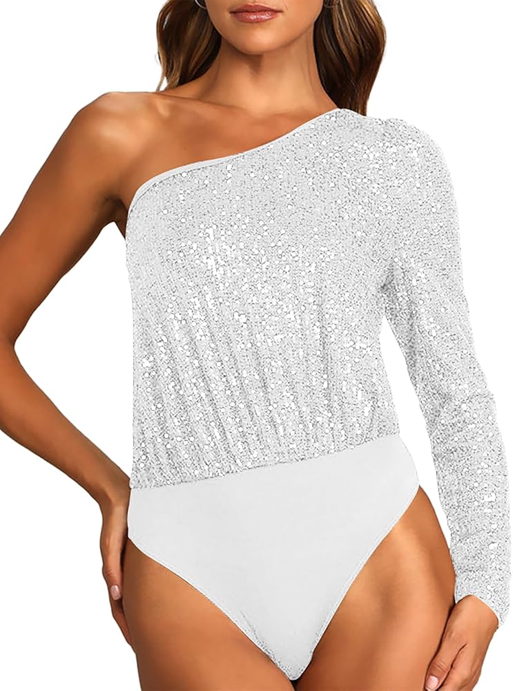 Sequin Top One Shoulder Top Long Sleeve Sequin Bodysuit for Women Sparkly One Piece Top Bodysuit