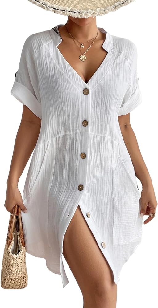 Bsubseach Cotton Swimsuit Cover Up for Women Button Down Bathing Suit Coverups Beach Dress