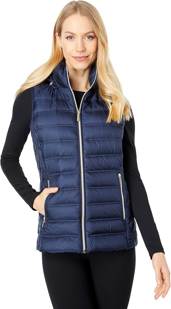 Michael Michael Kors Women's Navy Blue Down Sleeveless Puffer Vest with Removable Hood (XS)