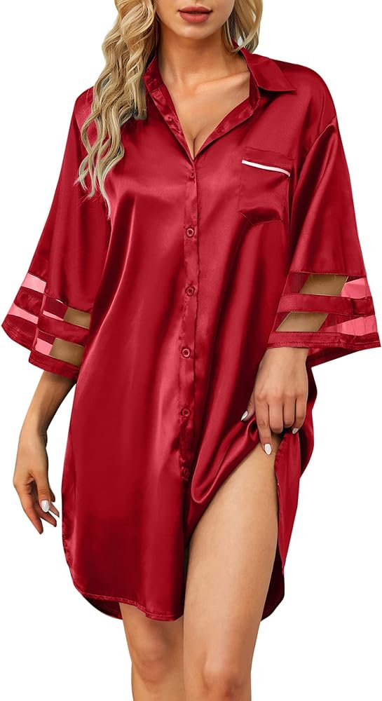 Women's Satin Nightgown Button Down 3/4 Sleeve Sleepwear Silk Night Gowns Nightshirt with Pocket