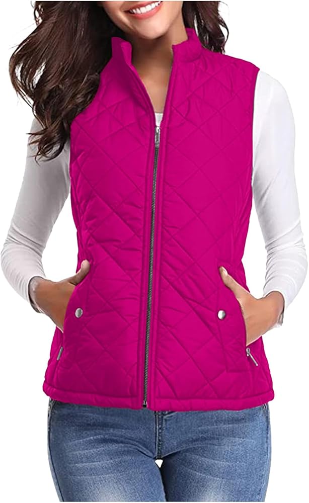 Women's Quilted Vest, Stand Collar Lightweight Zip Pockets Padded Gilet Sleeveless Zipper Coat Jacket Outwear