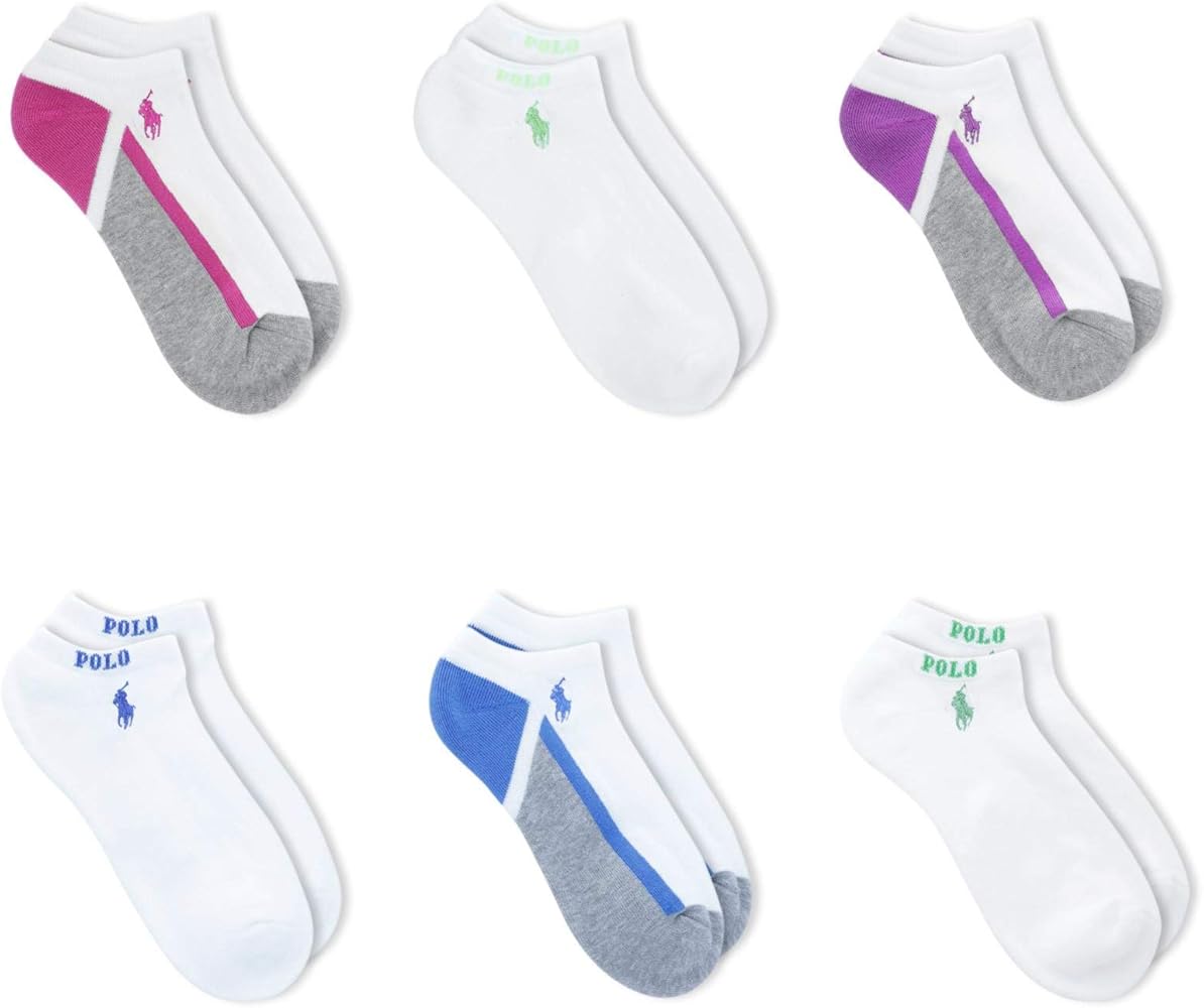 POLO RALPH LAUREN Women's 6-Pack Contrast Sole With Pop Low Cut Socks, White Assorted, 9-11